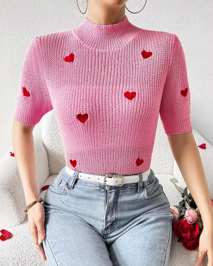 Fashion High-neck Heart Knit Short Sleeve Women