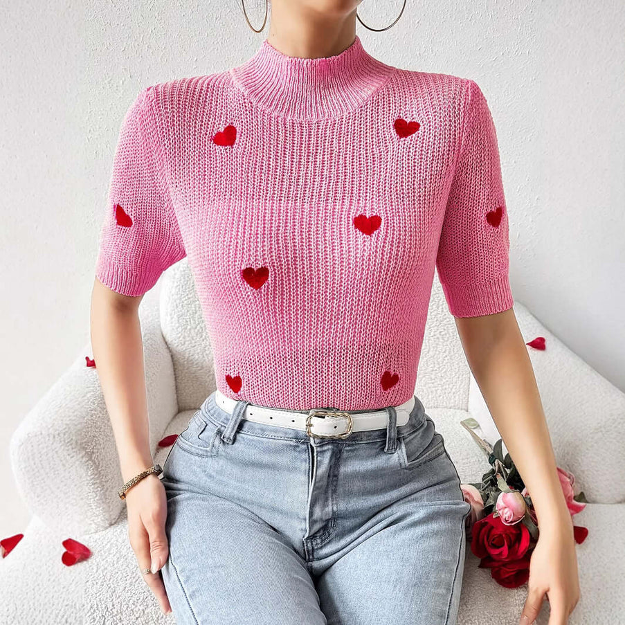 Fashion High-neck Heart Knit Short Sleeve Women