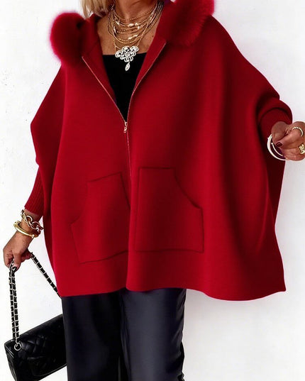 Ins Plush Hooded Cardigan Fashion Warm Pockets Zip-up Knitted Jacket Casual Outerwear Batwing Sleeve Sweater Women's Clothing