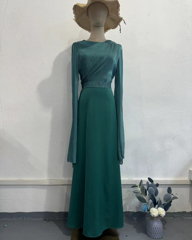 Elegant Summer Sleeve Contrast Chiffon & Satin Maxi Dress With Flared Cuffs - Slim Fit Long Dress For Women