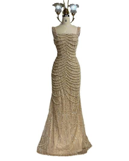 Nude Elegant Sling Light Luxury High-end Pearl Beaded Dress