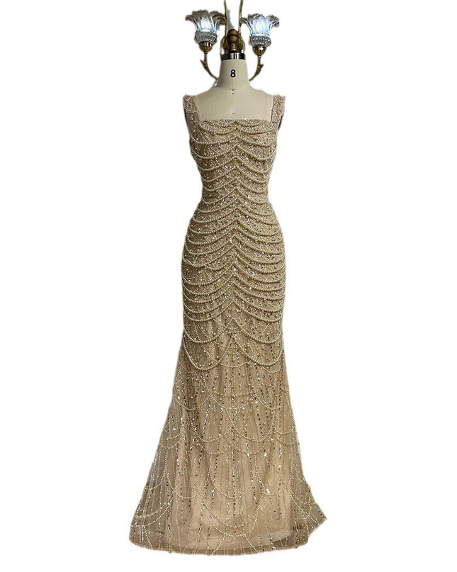 Nude Elegant Sling Light Luxury High-end Pearl Beaded Dress