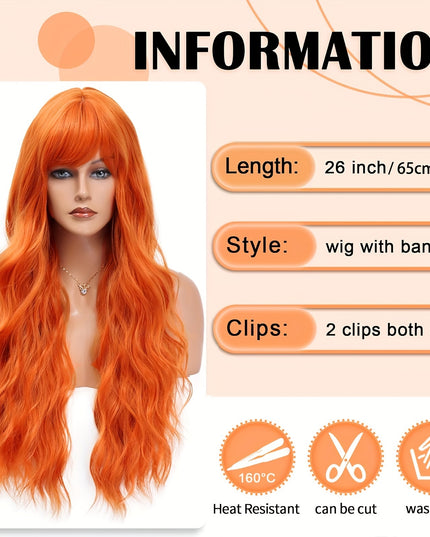 Elegant Long Orange Non-toxic Wig, Synthetic Wavy Hair Wig For Ladies, 28-inch Long Hair, Suitable For The Whole Scene