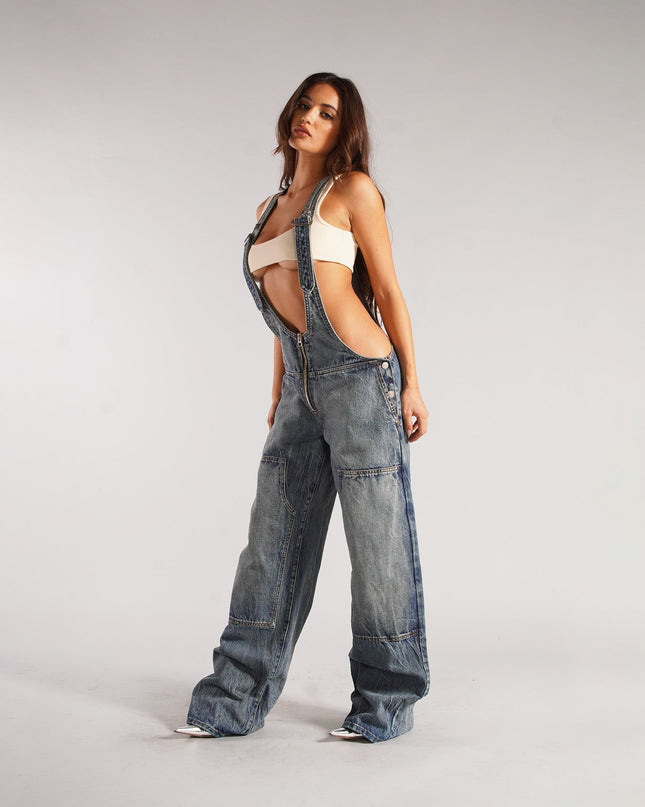 Y2K Zipper Denim Overalls With Pockets Fashion Loose Suspender Jumpsuit Streetwear Jeans Pants Womens Clothing