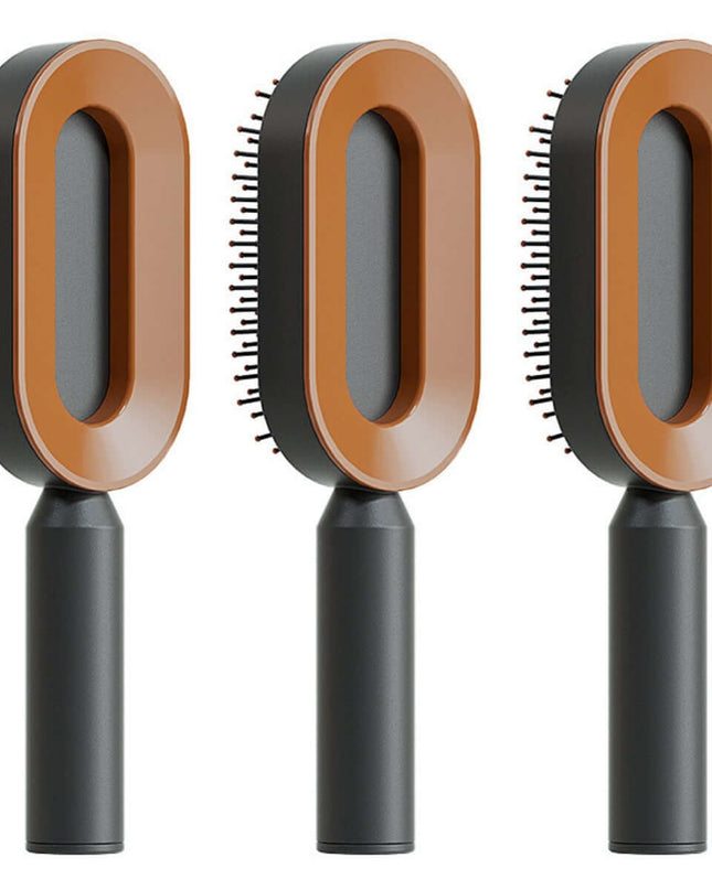 Three hairbrushes with brown bristle heads and black handles on a white background