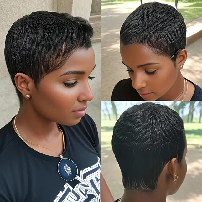 Women's Elegant Elf Haircut Non-toxic Wig - Brazilian Remy Real Hair, Natural Color, Short Straight