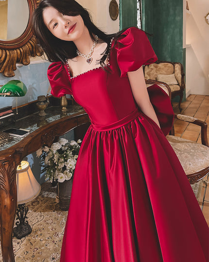 Winter Wine Red Engagement Daily French Princess On The Run Satin Dress