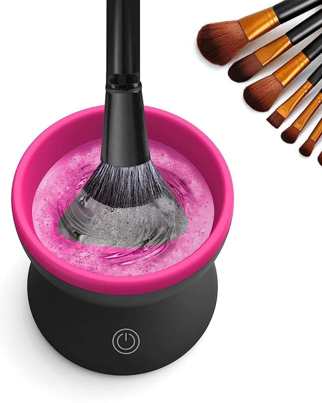 Makeup brush cleaning device with a brush in it, surrounded by additional brushes on a white background.