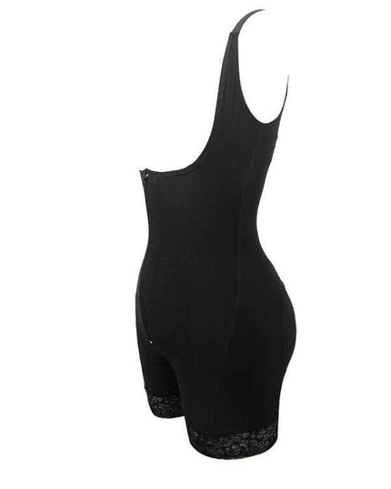 Black full body shaper bodysuit with lace trim, designed for waist and tummy slimming, available in sizes S–6XL.