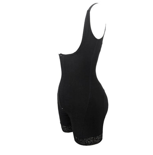 Black full body shaper bodysuit with lace trim, designed for waist and tummy slimming, available in sizes S–6XL.