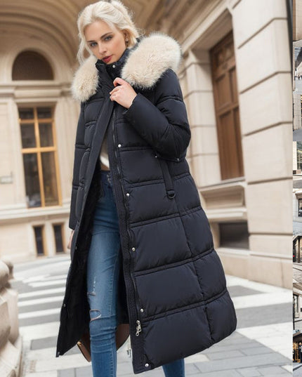 Woman wearing a long black puffer coat with fur trim in an urban setting