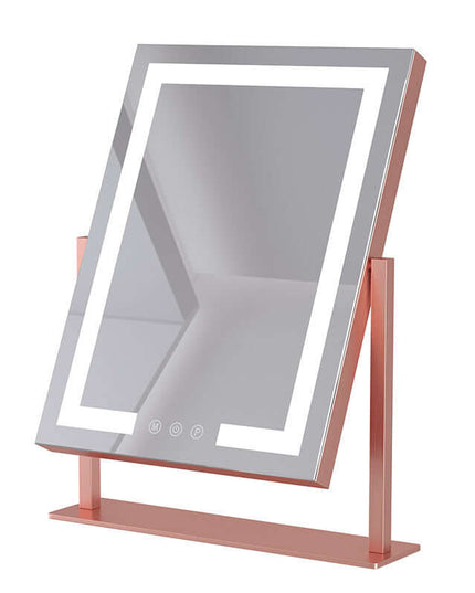 Desktop LED light makeup mirror in rose gold with silver mirror lens, ideal for bedroom and gifting.