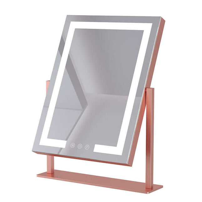 Desktop LED light makeup mirror in rose gold with silver mirror lens, ideal for bedroom and gifting.