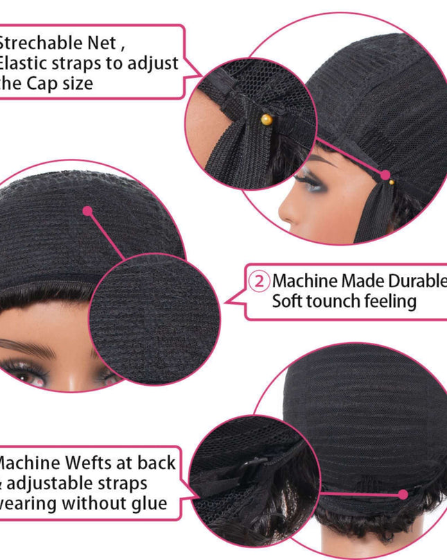 Black wig cap with stretchable net, adjustable straps, and machine-made durable lace.