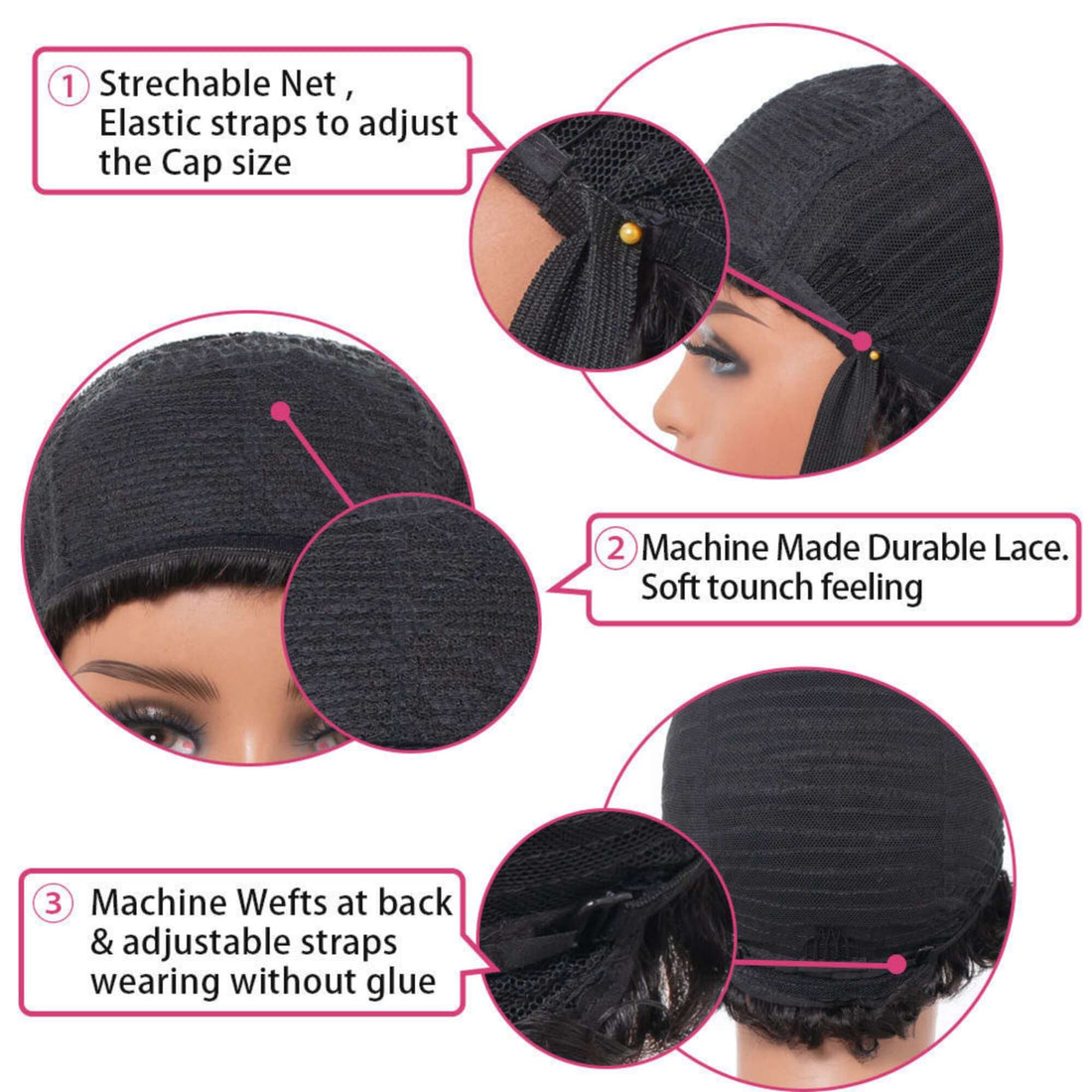 Mannequin head with a curly black wig on a beige background