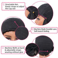 Black wig cap with stretchable net, adjustable straps, and machine-made durable lace.