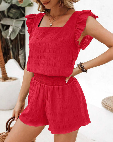 Square Neck Ruffled Casual Shorts Set For Women