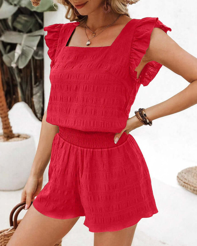 Square Neck Ruffled Casual Shorts Set For Women
