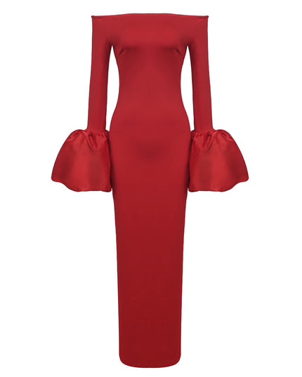 Dress Red And Black Slim-fit Long Sleeve French Lantern Sleeve Dress