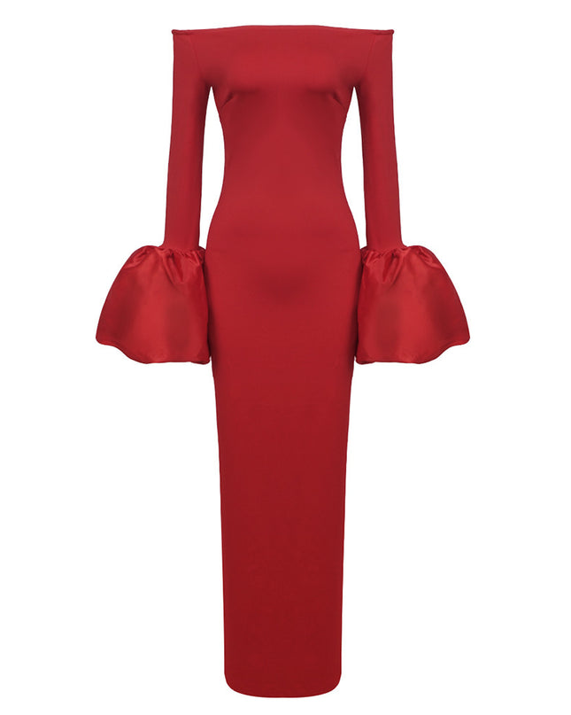 Dress Red And Black Slim-fit Long Sleeve French Lantern Sleeve Dress