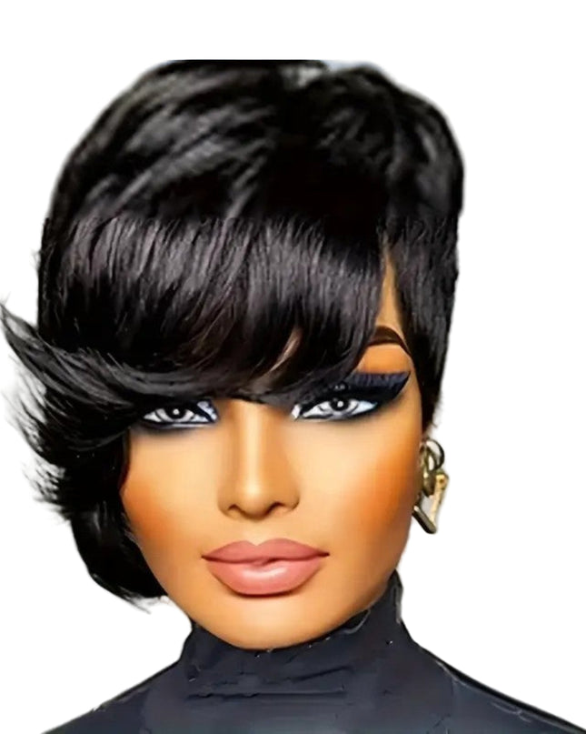 Short black wig with a gray background and '100% Human Hair' text at the top.