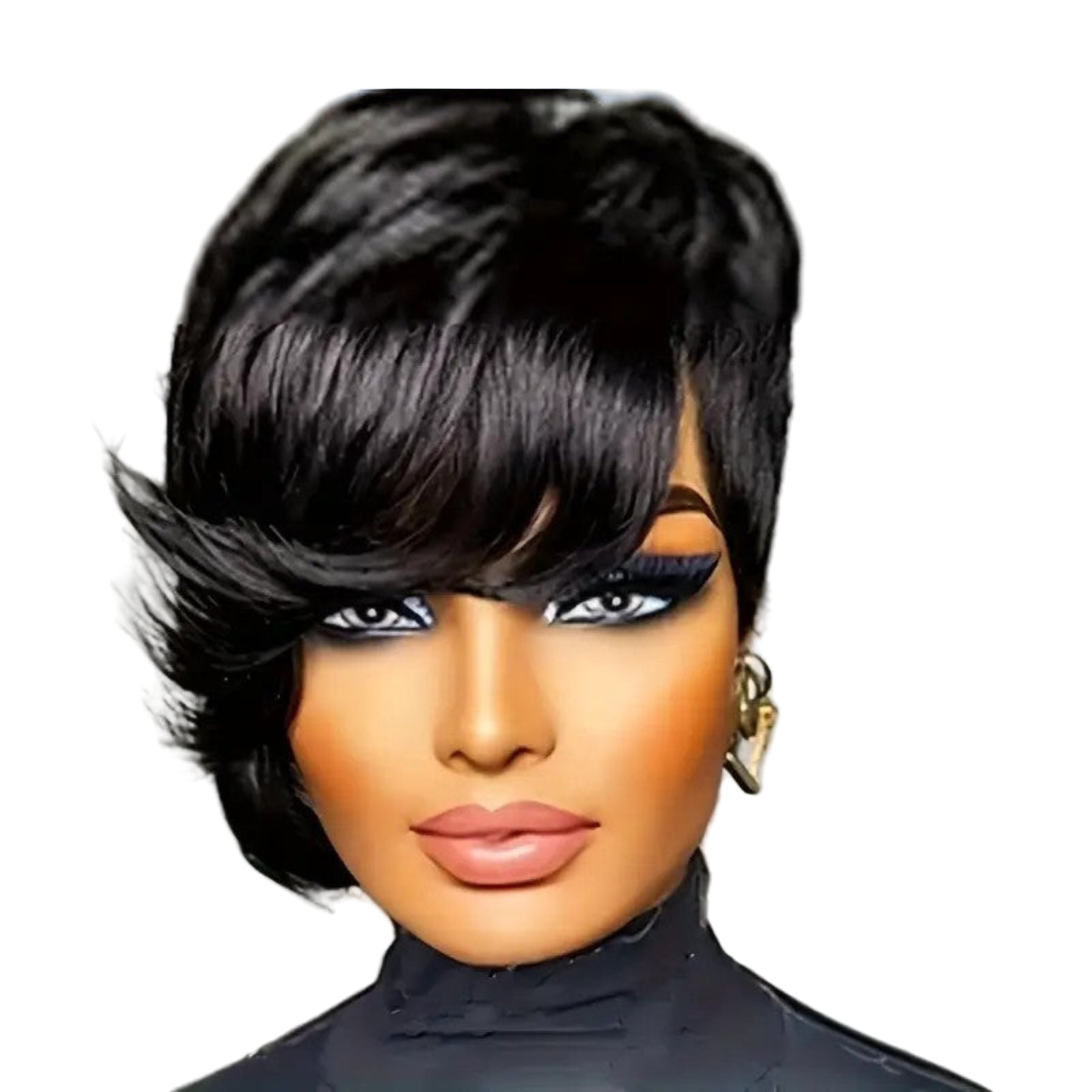 Short black wig with a gray background and '100% Human Hair' text at the top.