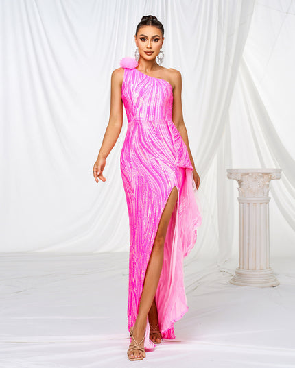 One-shoulder Diagonal Collar Sequined Slit Evening Dress