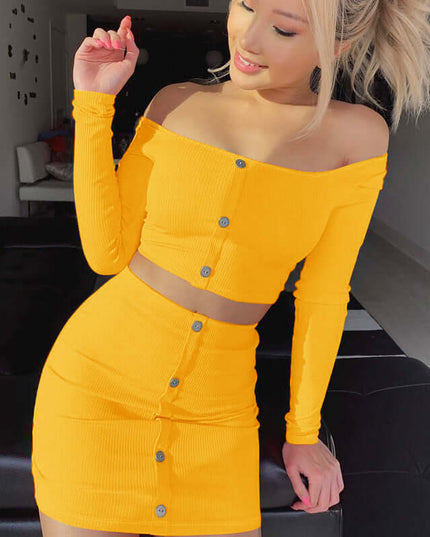 Fashion Trend Woman Sexy Off Shoulder Set Solid Button Bodycon 2 Pcs Sets Women Long Sleeve Top And Skirt Summer Autumn Sets