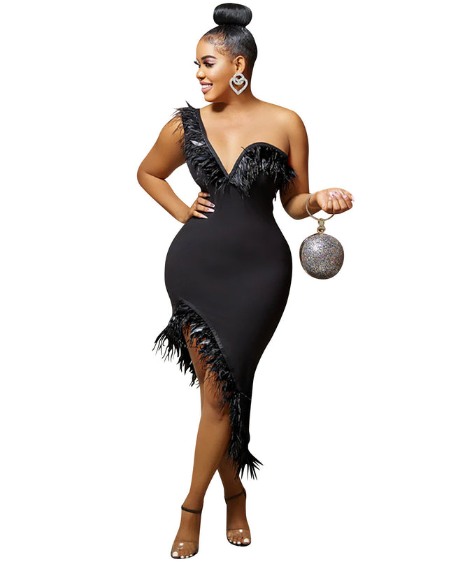 V-neck Sleeveless Chest Feather Irregular Midi Dress