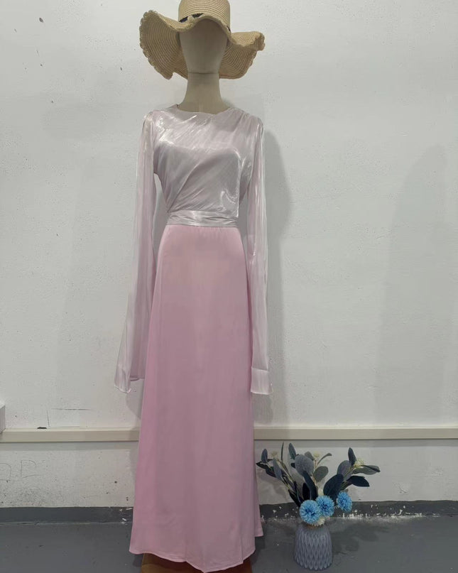 Elegant Summer Sleeve Contrast Chiffon & Satin Maxi Dress With Flared Cuffs - Slim Fit Long Dress For Women