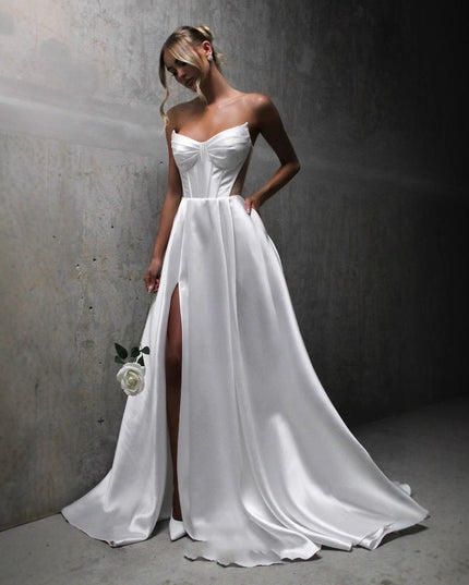 White Satin Slit Pocket Bandage Wedding Dress