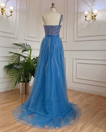 Blue Handmade Beaded Split Shoulder Fishtail Dress