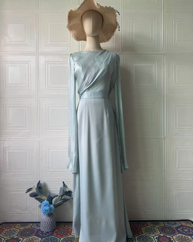 Elegant Summer Sleeve Contrast Chiffon & Satin Maxi Dress With Flared Cuffs - Slim Fit Long Dress For Women