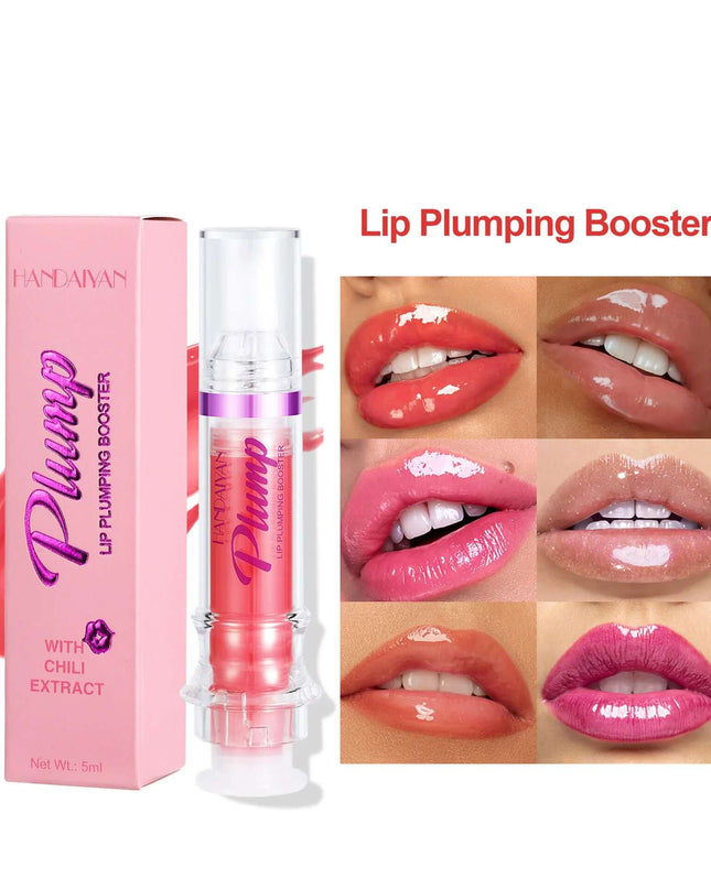 Lip Plumping Booster with chili extract in pink packaging, showcasing before and after lip enhancement results in multiple shades.