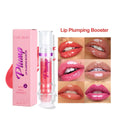Lip Plumping Booster with chili extract in pink packaging, showcasing before and after lip enhancement results in multiple shades.