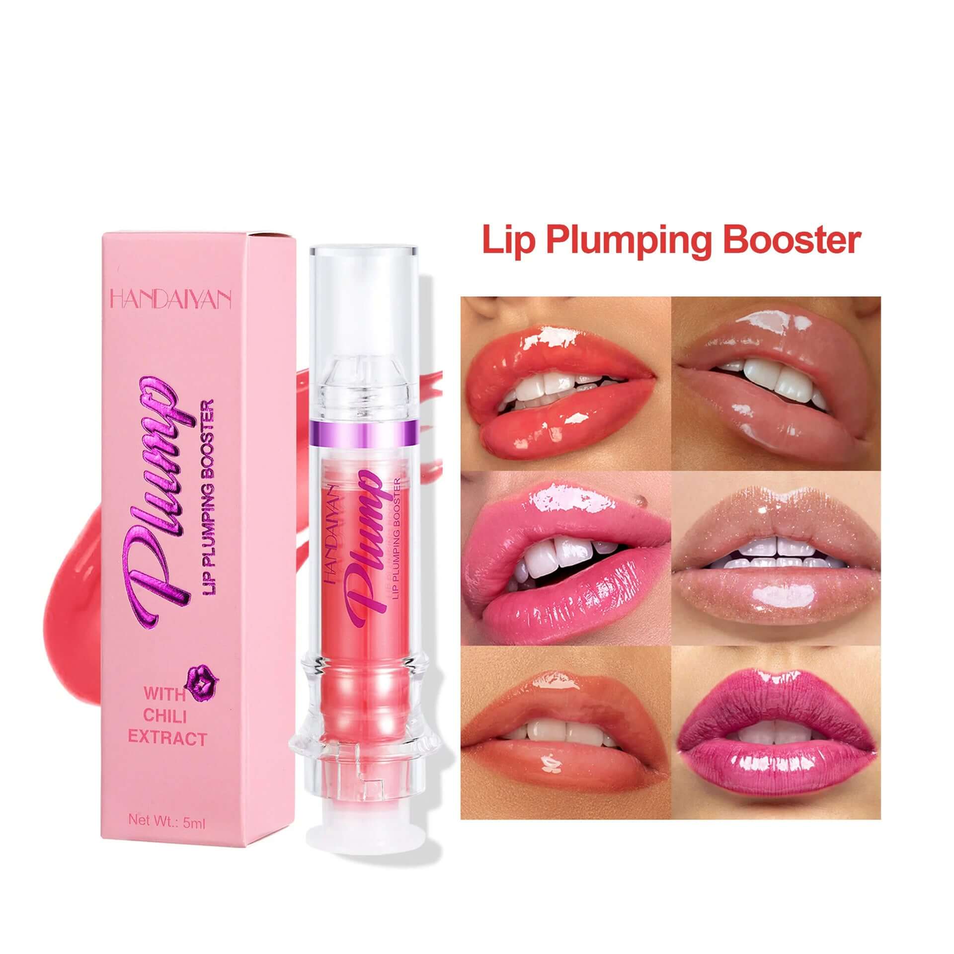 Lip Plumping Booster with chili extract in pink packaging, showcasing before and after lip enhancement results in multiple shades.