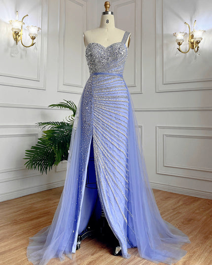 Blue Handmade Beaded Split Shoulder Fishtail Dress