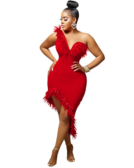 V-neck Sleeveless Chest Feather Irregular Midi Dress