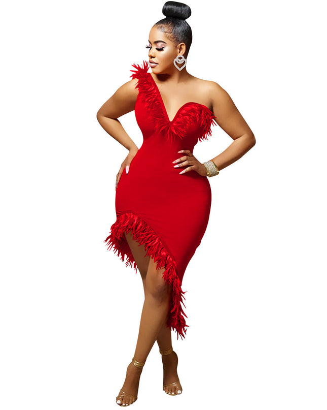 V-neck Sleeveless Chest Feather Irregular Midi Dress