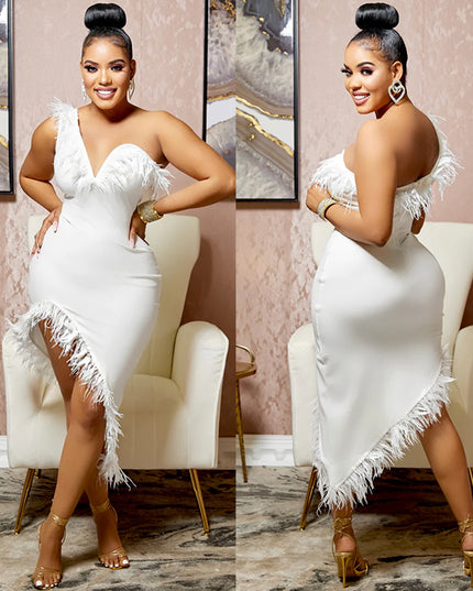 V-neck Sleeveless Chest Feather Irregular Midi Dress