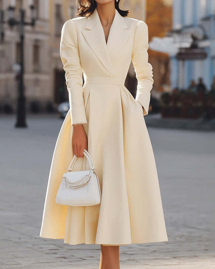 Women's V-Neck Long Sleeve Midi Dress With Pockets - Elegant Swing A-Line Party Dress For Wedding Guest