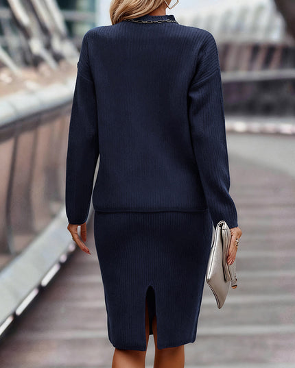Women's two piece pullover sweater and skirt outfit featuring a stylish back view in navy color.