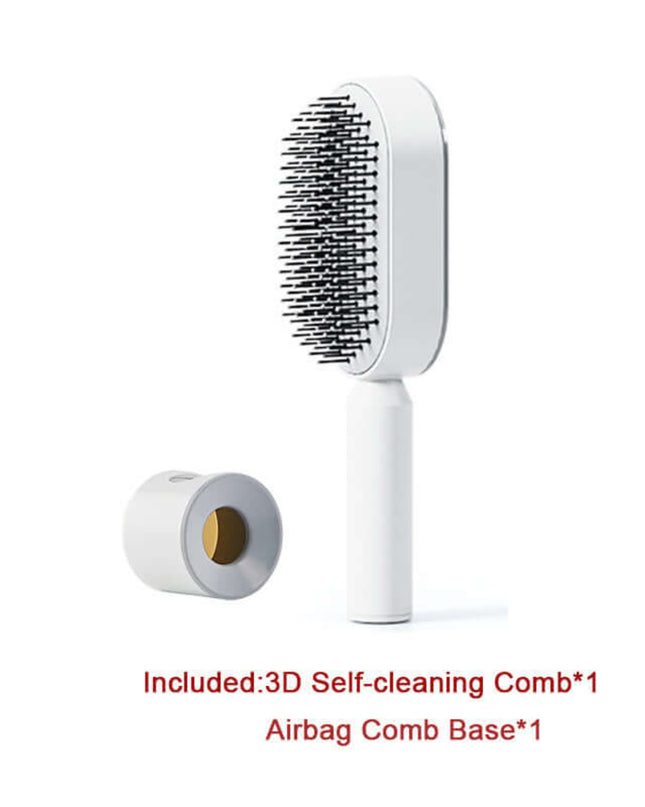 White grooming brush with 3D self-cleaning comb and airbag comb base on a white background