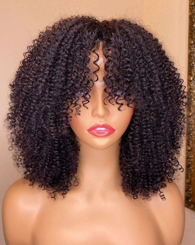 Mannequin head with a curly wig on a beige background