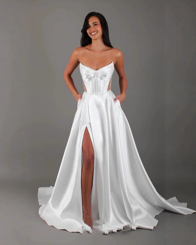 White Satin Slit Pocket Bandage Wedding Dress