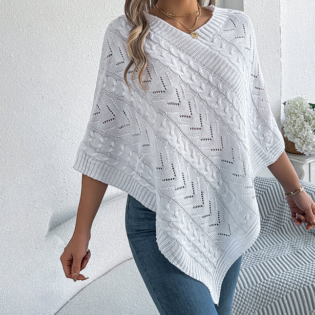 Women's Solid Color V-Neck Cape Sweater Batwing Sleeve Open-Knit Cardigan With Asymmetrical Hem
