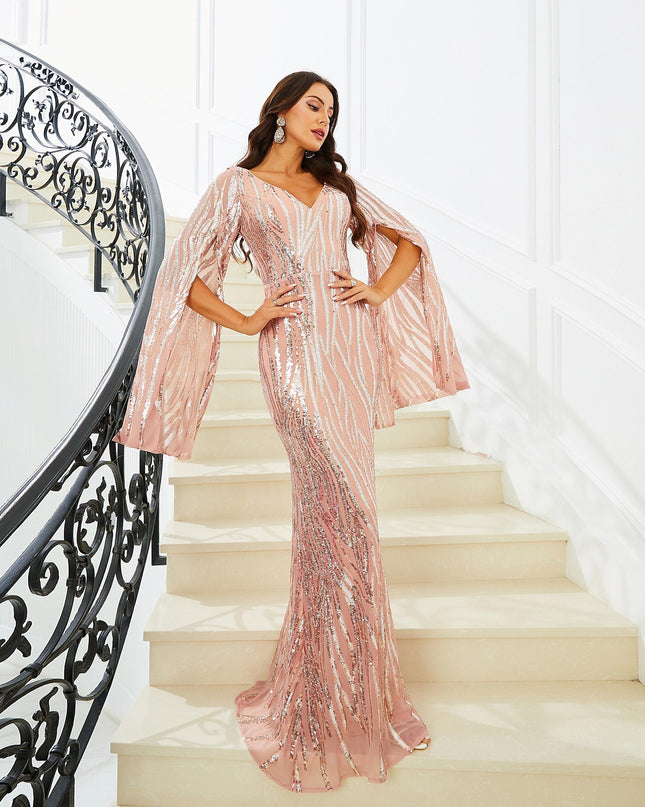 Long Sleeve V-neck Banquet Sequined Fishtail Dress