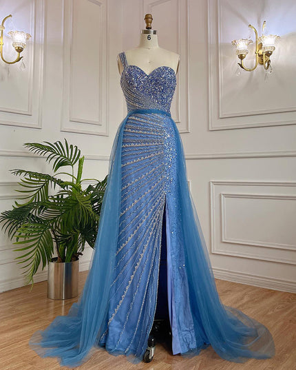 Blue Handmade Beaded Split Shoulder Fishtail Dress