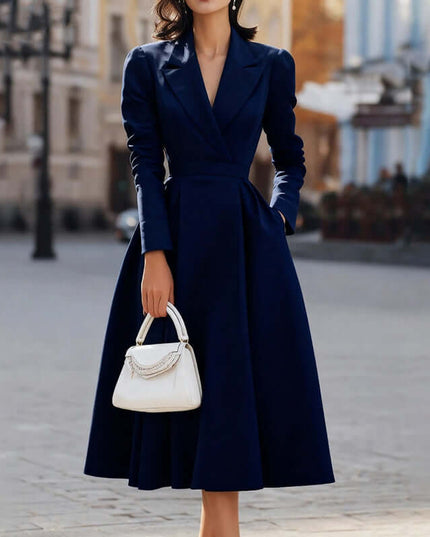 Women's V-Neck Long Sleeve Midi Dress With Pockets - Elegant Swing A-Line Party Dress For Wedding Guest