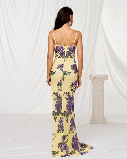 V-neck Brace Slim-fit Sheath Sequined Slit Evening Dress